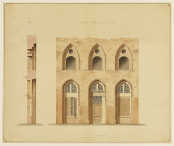 216308 Opstand en doorsnede van het onderste gedeelte van de voorgevel van het huis Fresenburg aan de Oudegracht te ...
